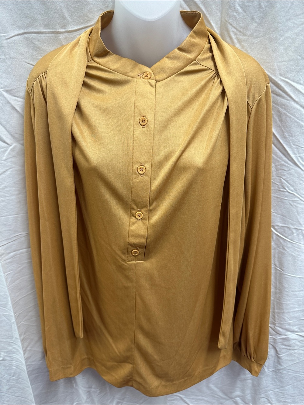 Tie-Neck Button Front Blouse in Mustard